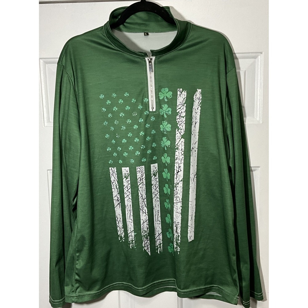 American Patriotic Irish USA Flag Long Sleeve Graphic Green Pullover Men's XL
